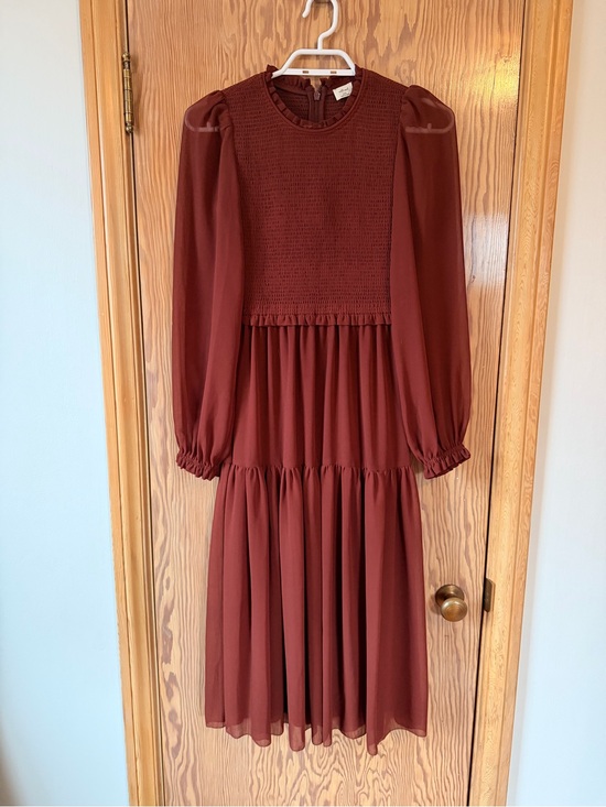 Wilfred Dresses & Skirts - Aritzia Wilfred Long Sleeve Smocked Bodice Maxi Dress - Maroon